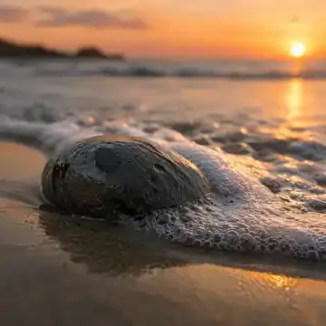 A smooth stone at the shoreline at sunset, representing grief and bereavement