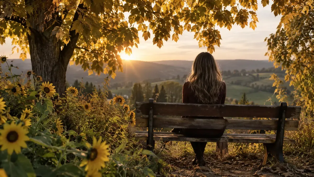A person seated on a wooden bench beneath sunflowers overlooking a peaceful landscape